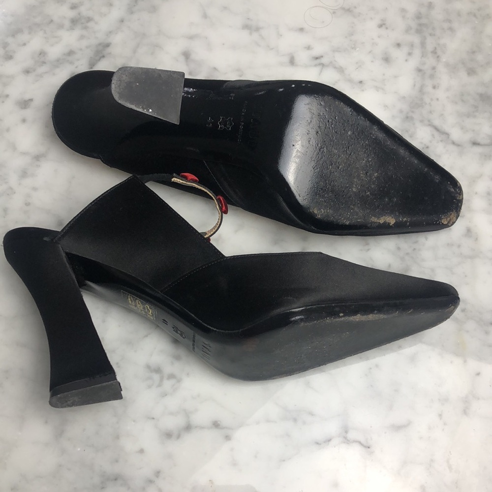 STAUD satin w/ bottons trim Elegant Black Slingback Heels Size 41 - Picture 6 of 11